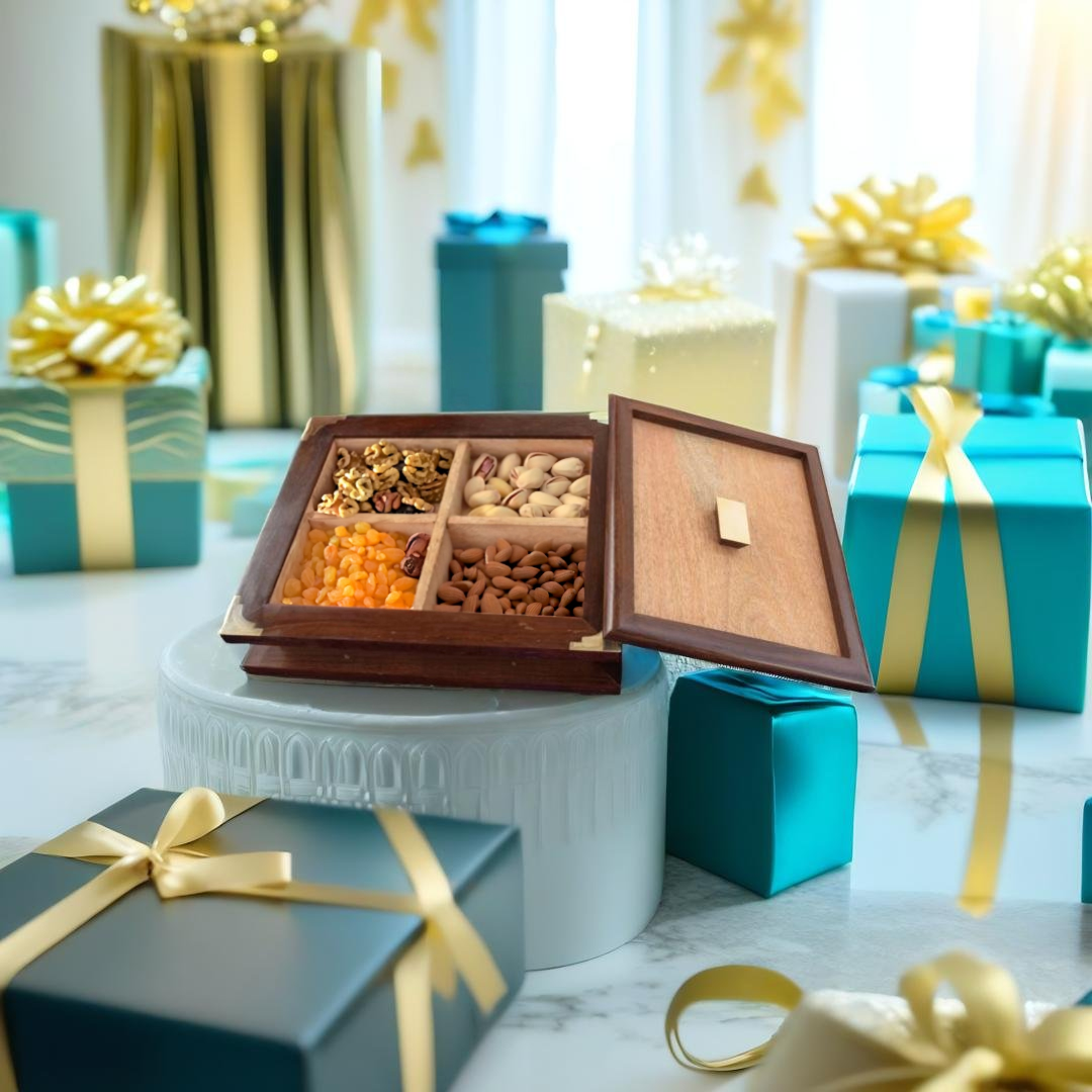 Handcrafted Rosewood and Mango Wood Dry Fruits Box with Brass Accents