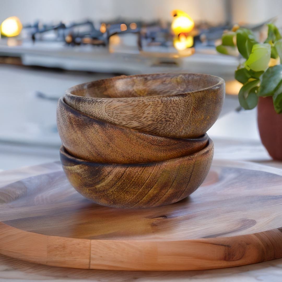 Handcrafted Wooden Bowl for Multipurpose Use - Perfect for Biscuits, Dry Fruits, and Candle Making (3 Pieces)