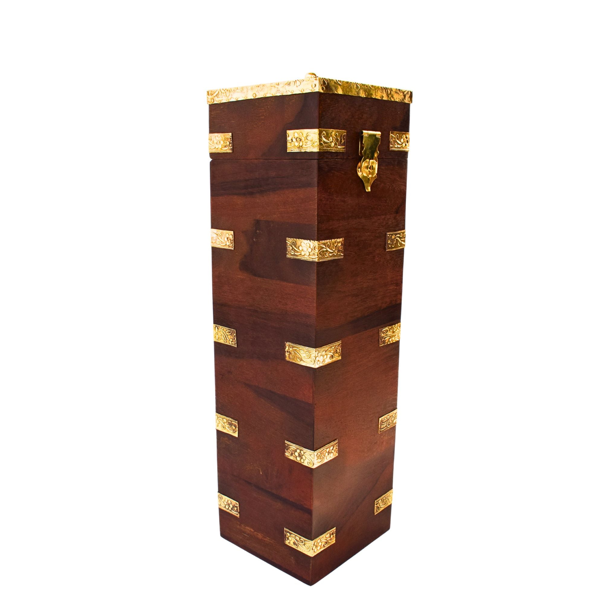 Vintage Sheesham Wood Wine Holder | Brass Inlay & Handcrafted Detailing