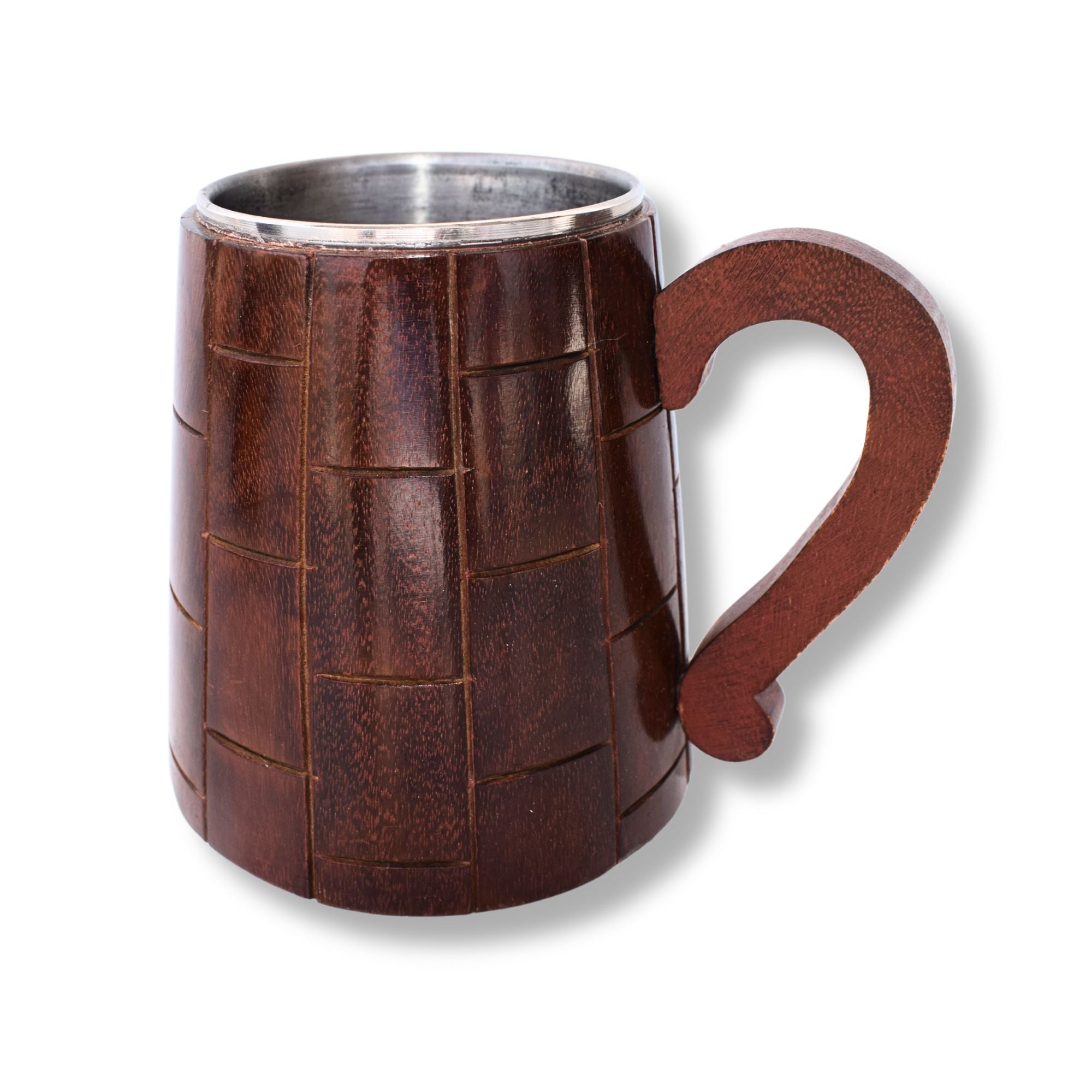 Handcrafted Indian Elegance: Dark Brown Wooden Mugs with Stainless Steel Interior (2 Pieces)