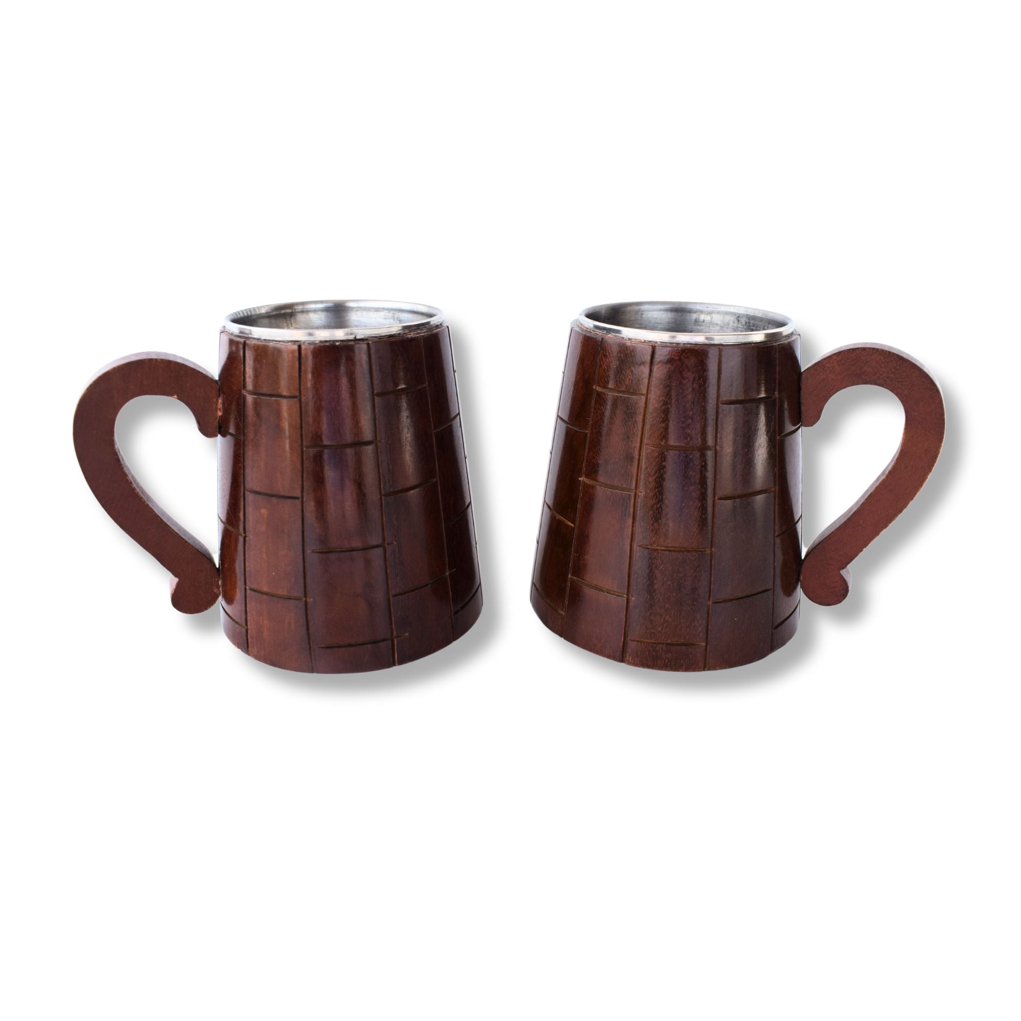 Handcrafted Indian Elegance: Dark Brown Wooden Mugs with Stainless Steel Interior (2 Pieces)