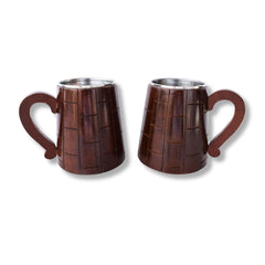 Handcrafted Indian Elegance: Dark Brown Wooden Mugs with Stainless Steel Interior (2 Pieces)
