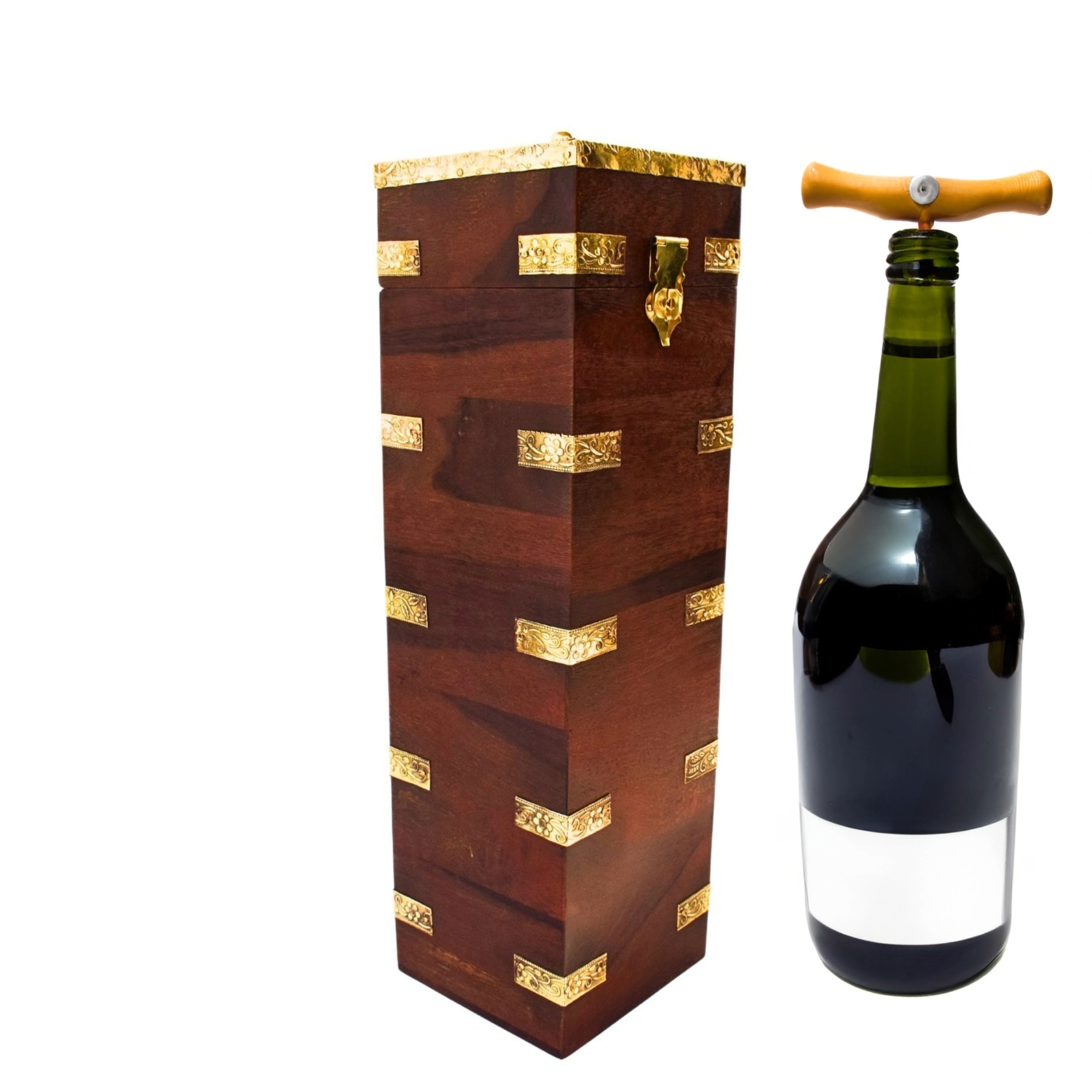 Vintage Sheesham Wood Wine Holder | Brass Inlay & Handcrafted Detailing