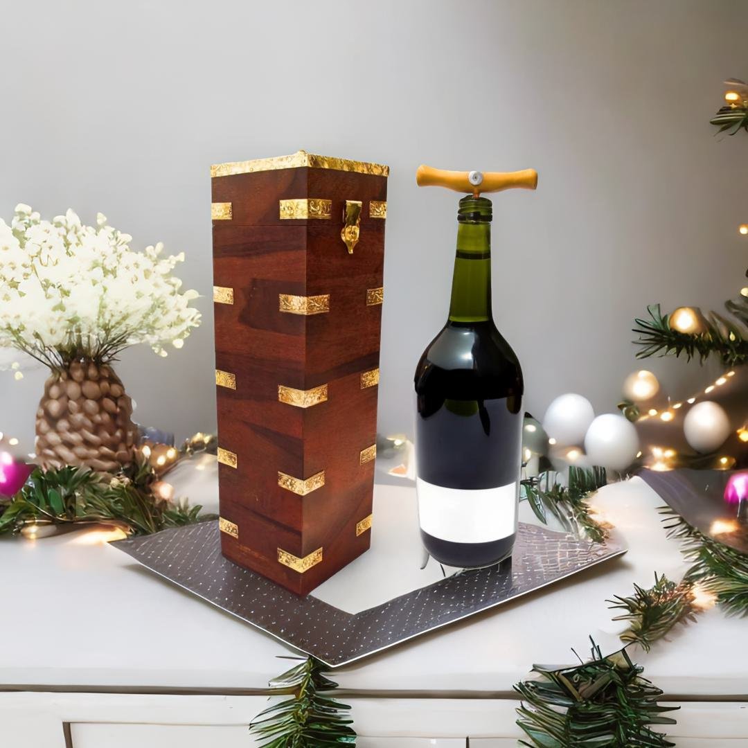 Vintage Sheesham Wood Wine Holder | Brass Inlay & Handcrafted Detailing