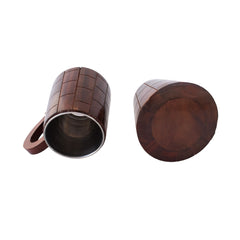Handcrafted Indian Elegance: Dark Brown Wooden Mugs with Stainless Steel Interior (2 Pieces)