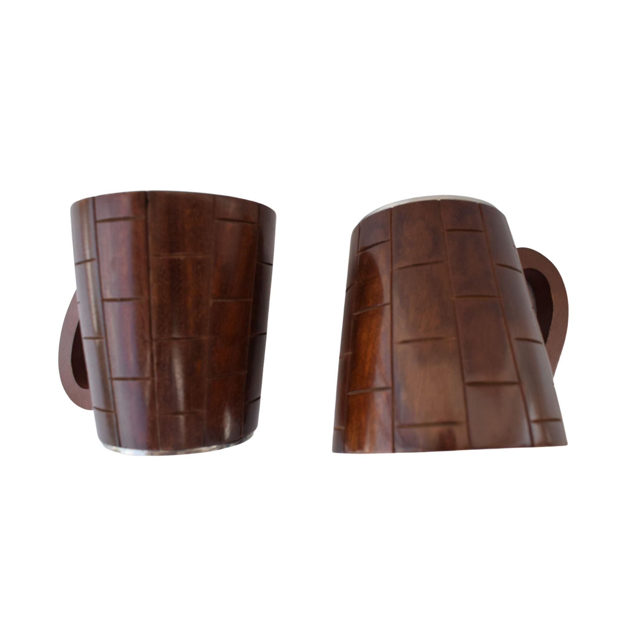 Handcrafted Indian Elegance: Dark Brown Wooden Mugs with Stainless Steel Interior (2 Pieces)