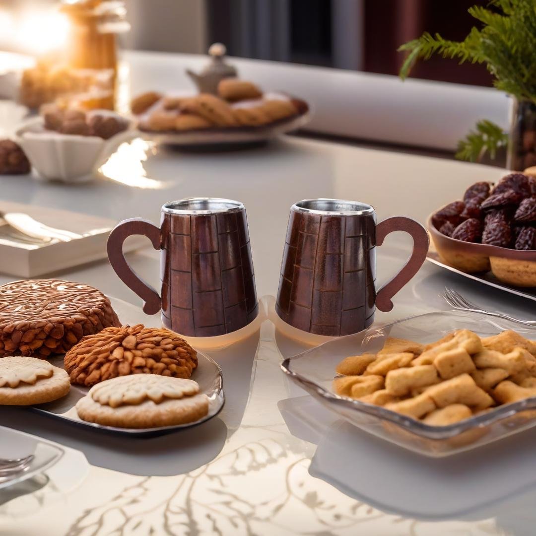 Handcrafted Indian Elegance: Dark Brown Wooden Mugs with Stainless Steel Interior (2 Pieces)