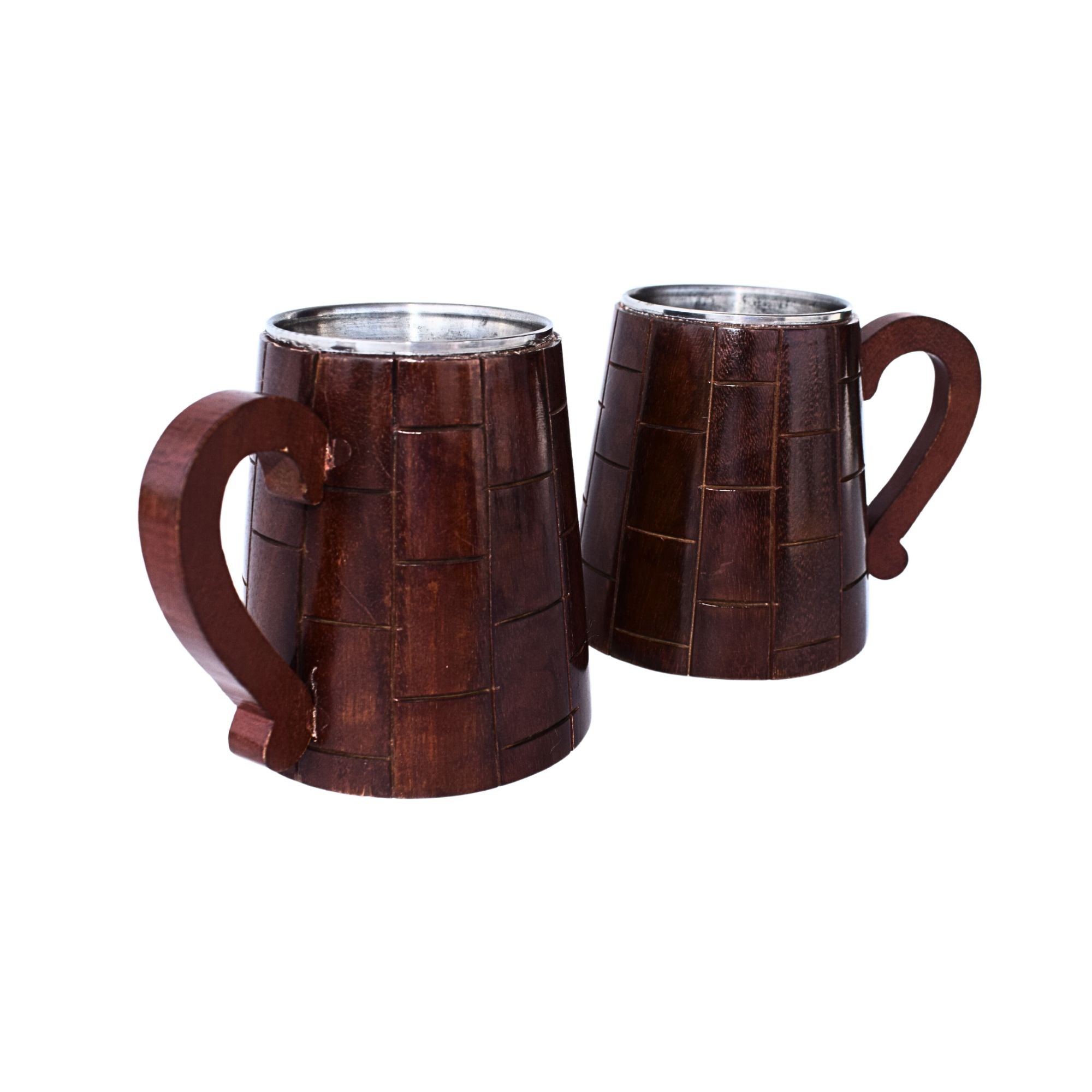 Handcrafted Indian Elegance: Dark Brown Wooden Mugs with Stainless Steel Interior (2 Pieces)