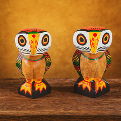 Handcrafted Wooden Owl Figurines – Traditional Bengal Folk Art (Set of 2)