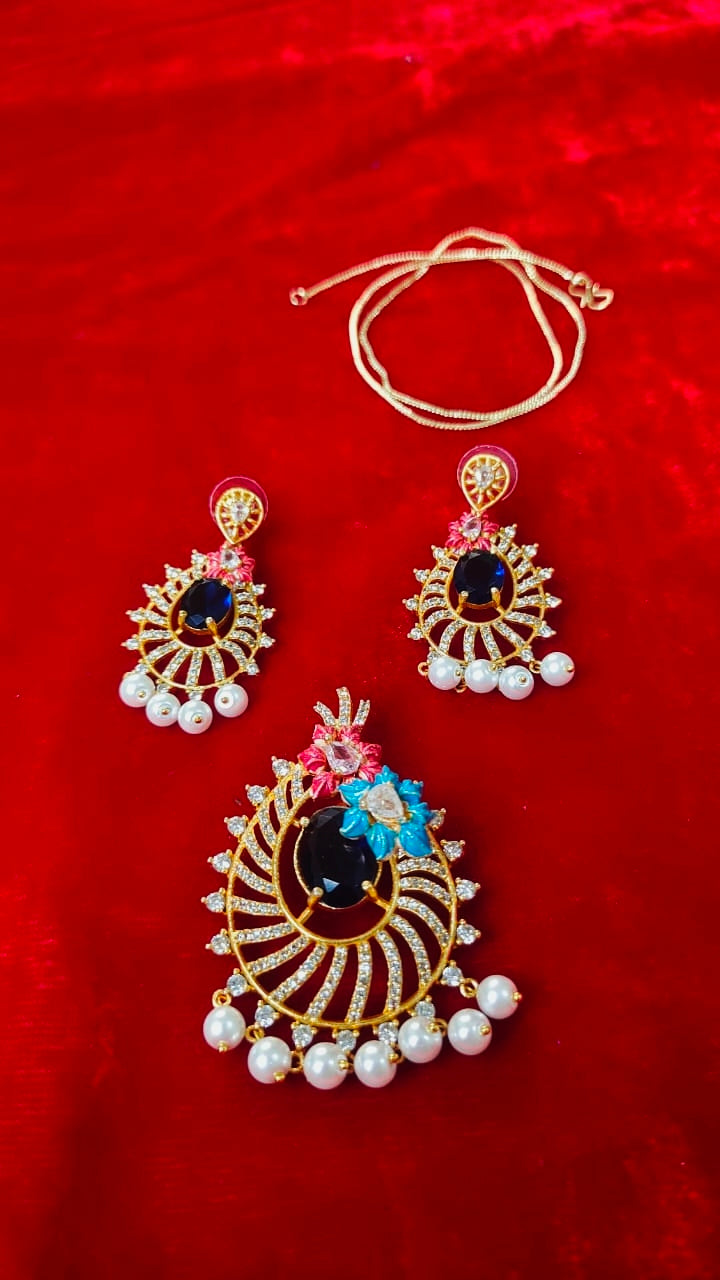 Meenakari Craft with AD Stones – Big Size Pendant & Earring Set (Terracotta-Inspired Elegance)