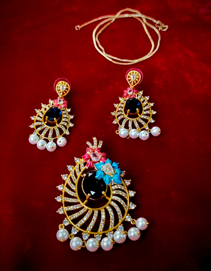 Meenakari Craft with AD Stones – Big Size Pendant & Earring Set (Terracotta-Inspired Elegance)
