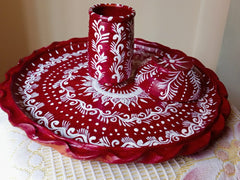 Handcrafted Red & White Madhubani-Inspired Terracotta Thali Set (4 pcs bowel, 1 pc glass & 1 pc plate)