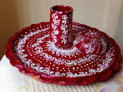 Handcrafted Red & White Madhubani-Inspired Terracotta Thali Set (4 pcs bowel, 1 pc glass & 1 pc plate)