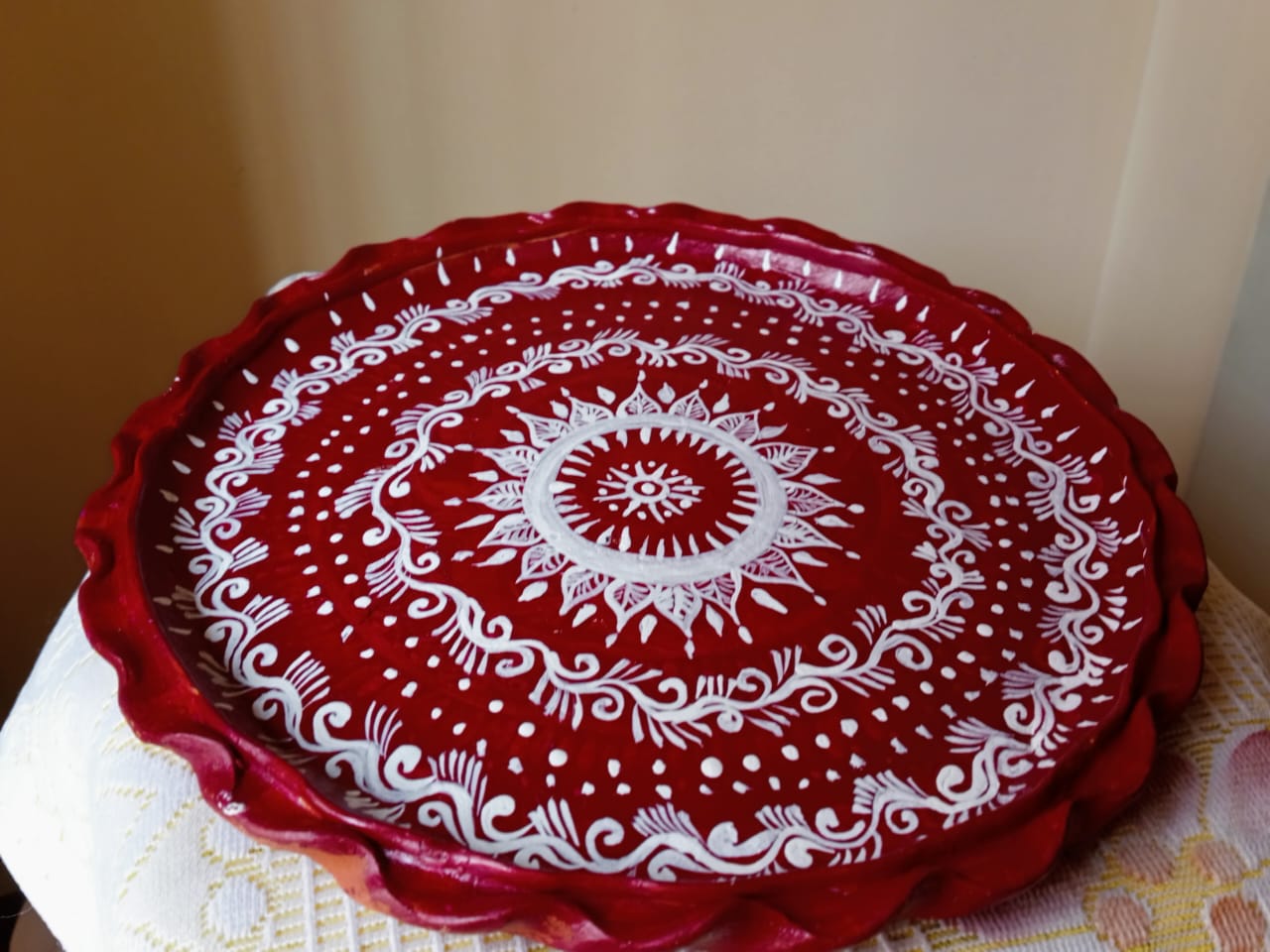 Handcrafted Red & White Madhubani-Inspired Terracotta Thali Set (4 pcs bowel, 1 pc glass & 1 pc plate)