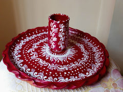 Handcrafted Red & White Madhubani-Inspired Terracotta Thali Set (4 pcs bowel, 1 pc glass & 1 pc plate)