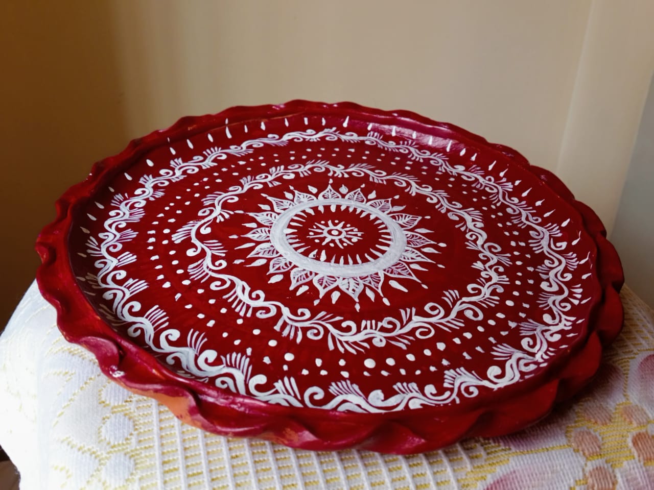 Handcrafted Red & White Madhubani-Inspired Terracotta Thali Set (4 pcs bowel, 1 pc glass & 1 pc plate)
