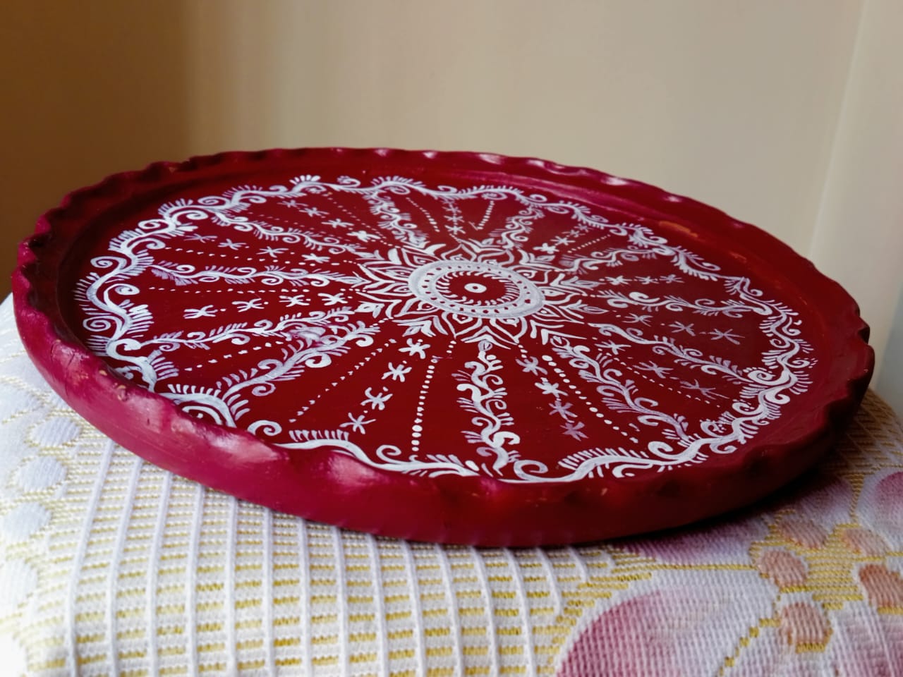 Handcrafted Red & White Madhubani-Inspired Terracotta Thali Set (4 pcs bowel, 1 pc glass & 1 pc plate)