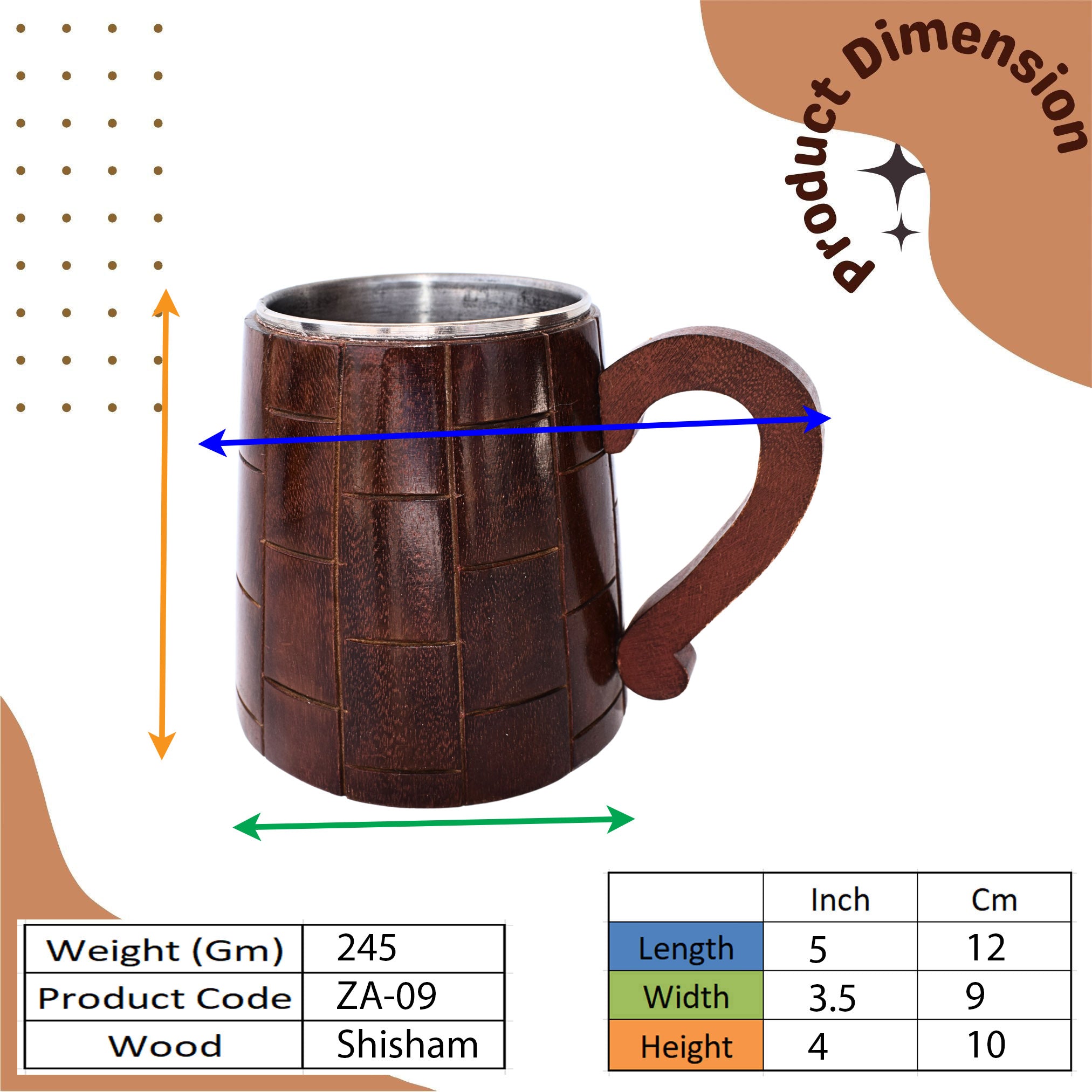Handcrafted Indian Elegance: Dark Brown Wooden Mugs with Stainless Steel Interior (2 Pieces)